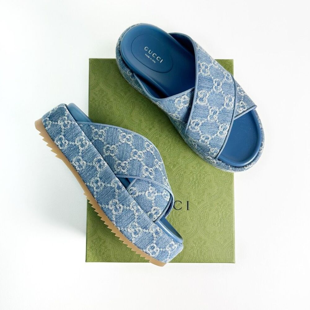 Gucci Blue Denim Platform Sandal Slides - Picture 13 of 13